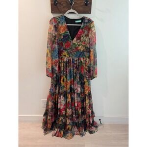 Toleen Floral Maxi Dress XL Womens V-Neck Tiered Chiffon Long Sleeve Multicolor